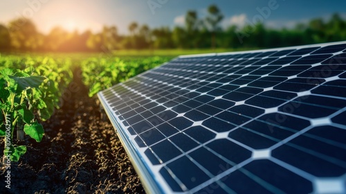 technology nanotechnology advancement Concept. A solar panel reflects sunlight above vibrant green crops, symbolizing the fusion of renewable energy and sustainable agriculture in a serene landscape. photo