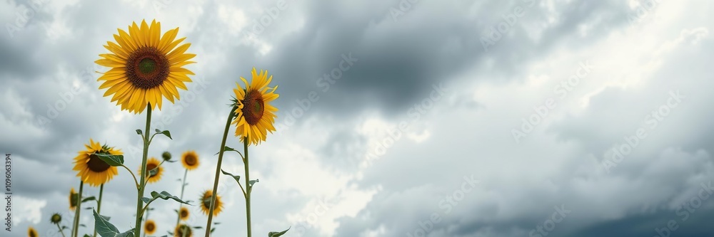 Fototapeta premium Tall sunflower stalks stand against a backdrop of a cloudy sky with dark grey clouds and a few wispy strands of cirrus, brown, landscape