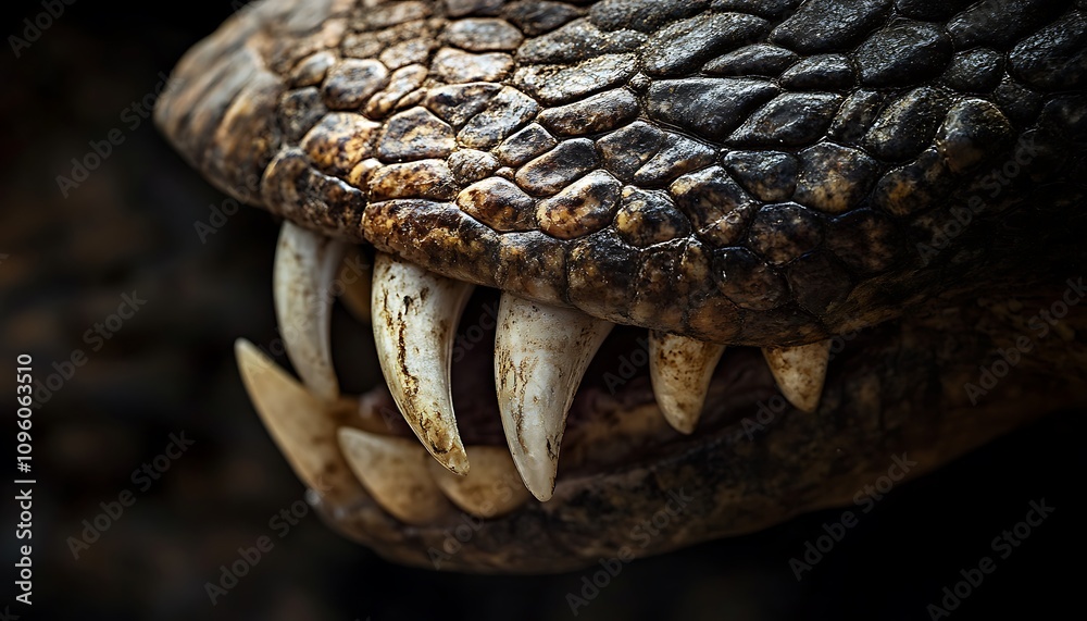Fototapeta premium Close-up of a reptilian mouth showcasing sharp teeth and textured scales.