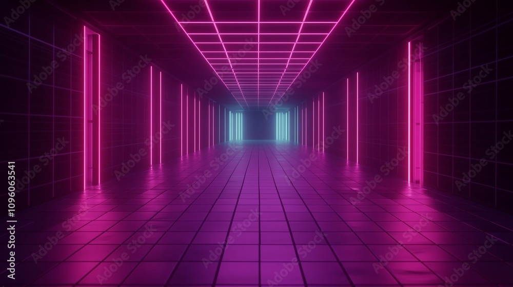A vibrant neon corridor illuminated with pink and cyan lights, featuring reflective tiled floors and grid-like walls, creating a sci-fi and retro-futuristic ambiance A vibrant neon corridor illuminated with pink and cyan lights, featuring reflective tiled floors and grid-like walls, creating a sci-fi and retro-futuristic ambiance
