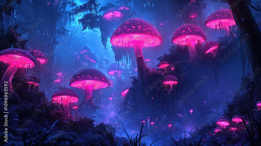 Obraz premium Glowing Pink Mushrooms Illuminate A Mystical Forest