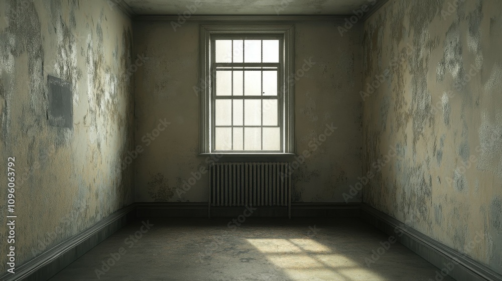 Vacant room with a single window and no furniture Vacant room with a single window and no furniture