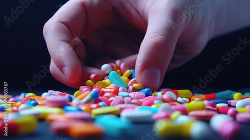 A hand reaching towards a collection of vibrant rainbow fentanyl pills, emphasizing the danger of synthetic drugs.