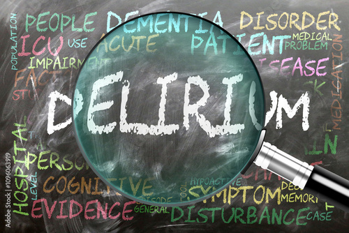Delirium being studied, examined - under close inspection. Most important subjects and ideas closely related to delirium written on a blackboard inspected by a magnifying glass. ,3d illustration