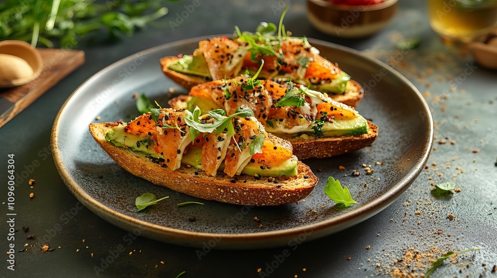 Healthy toast with avocado cream cheese and wheat bread on a plate. Delicious snacks and avocado sandwiches Healthy toast with avocado cream cheese and wheat bread on a plate. Delicious snacks and avocado sandwiches
