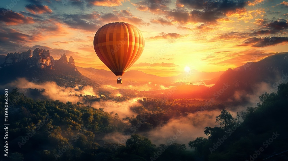 Obraz premium Hot air balloon above high mountain at sunset, filtered background