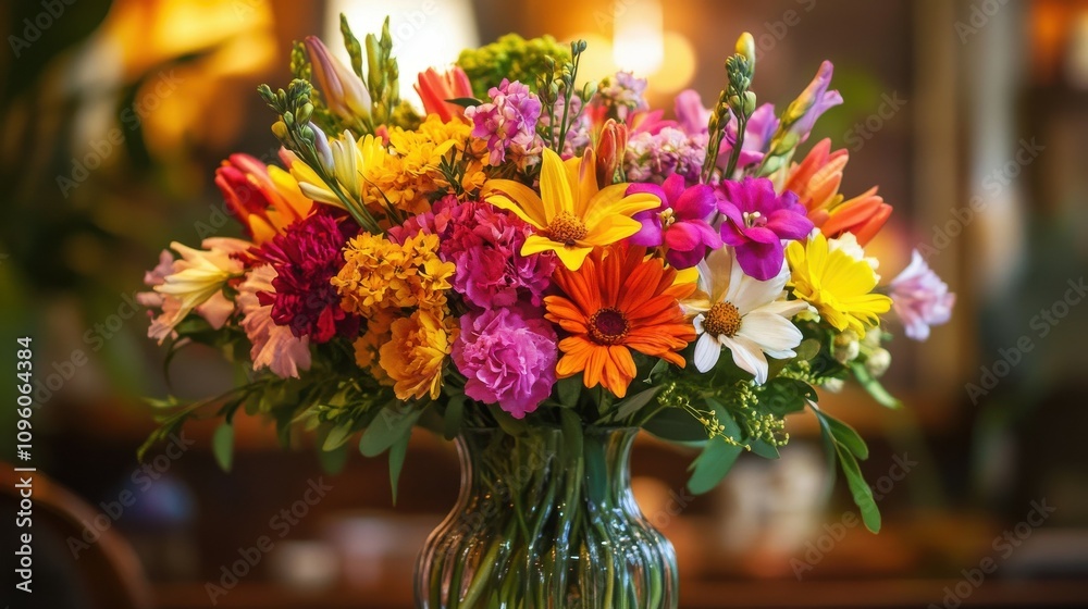 Vibrant flower bouquet arranged in a glass vase Vibrant flower bouquet arranged in a glass vase