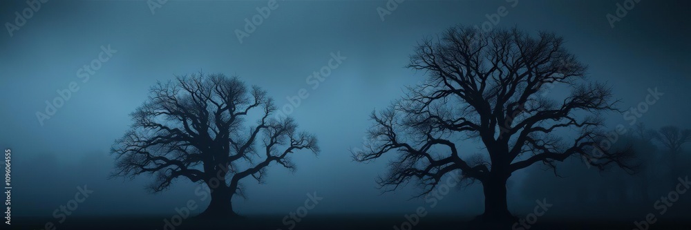 The silhouette of ancient trees stands out against a dark misty sky with fog rolling in off the ground, ancient trees, autumnal foliage The silhouette of ancient trees stands out against a dark misty sky with fog rolling in off the ground, ancient trees, autumnal foliage