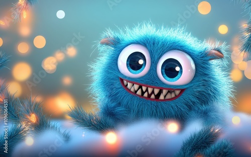 happy cute adorable furry 3d monster cartoon charachter with huge eyes christmas background 
