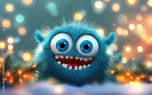 happy cute adorable furry 3d monster cartoon charachter with huge eyes christmas background  photo