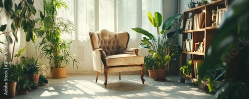 Vintage armchair in corner of a sunlit room, surrounded by potted plants and a small bookshelf, inviting a sense of relaxation. photo