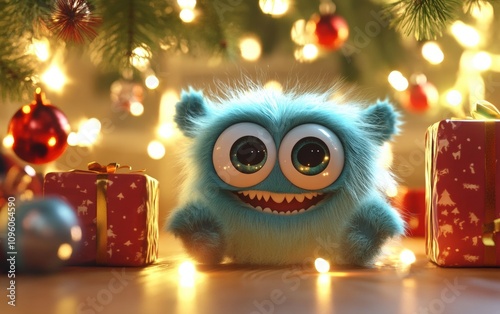 happy cute adorable furry 3d monster cartoon charachter with huge eyes christmas background  photo