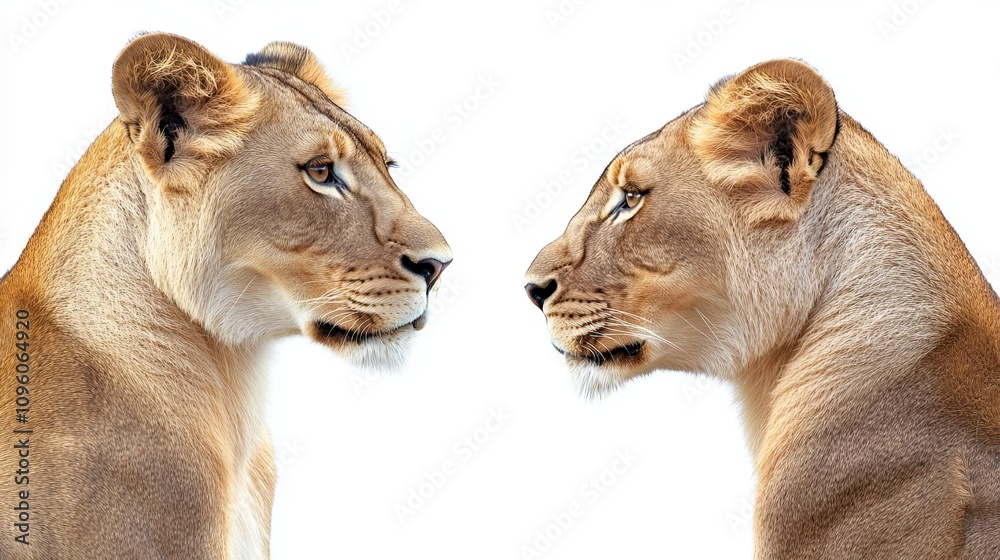 Obraz premium lion lioness, many angles and view portrait side back head shot isolated on white background cutout