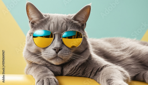 A sleek gray cat wearing shiny, reflective sunglasses, lounging coolly on a pastel yellow background. photo