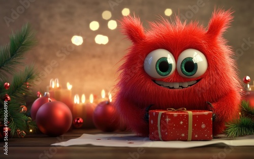 happy cute adorable furry 3d monster cartoon charachter with huge eyes christmas background  photo