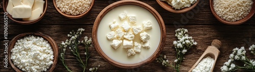 A visually appealing arrangement of various dairy products showcasing milk, cream, butter, and cheese on a rustic wooden background. photo