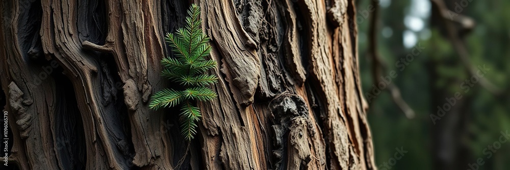 Tiny evergreen conifer clinging to the rugged bark of an ancient pine, wood grain, greenery, outdoor Tiny evergreen conifer clinging to the rugged bark of an ancient pine, wood grain, greenery, outdoor