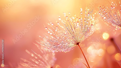 Macro photograph of a dandelion seed head, soft and airy textures highlighted by a gentle glow, closeup with smooth focus