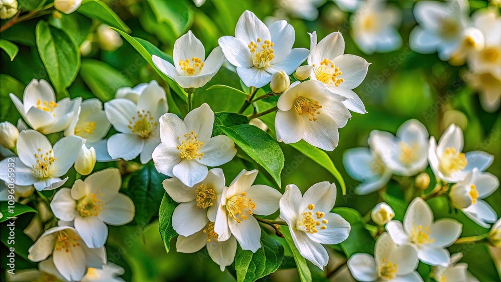 Obraz premium Aerial Photography of English Dogwood and Sweet Mock-Orange in Bloom - Captivating Floral Landscape with Lush Greenery and Delicate White Flowers