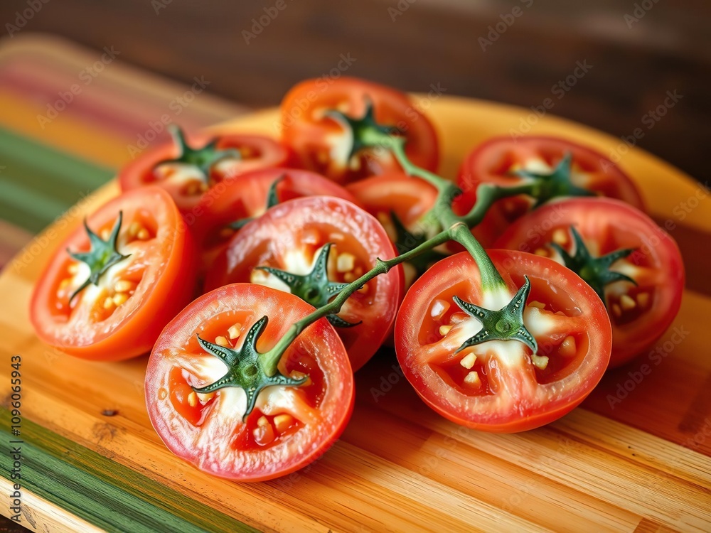 Tomato halves arranged artfully on a colorful wooden cutting board, cutting board, composition, wood Tomato halves arranged artfully on a colorful wooden cutting board, cutting board, composition, wood
