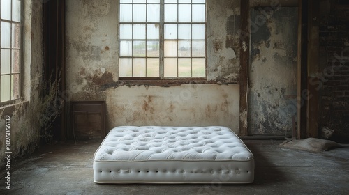 An isolated mattress sits in a rustic, abandoned room, revealing a blend of vintage charm and decay in its surroundings.