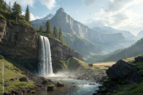 Towering mountain peaks in the distance behind a waterfall, , waterfall, mount thielsen, thielens, river rocks