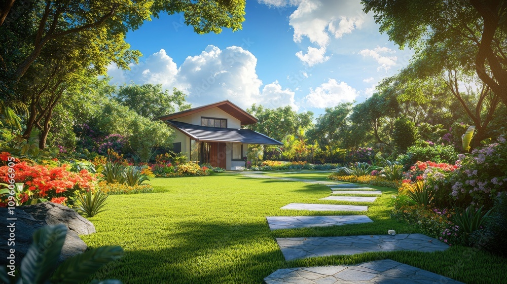 Naklejka premium Modern House Surrounded by Lush Greenery and Flowers