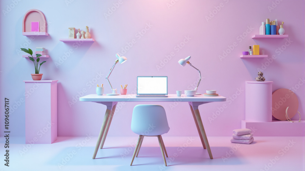 Surreal Minimalist Desk Setup with Floating Pastel Tools and Laptop Surreal Minimalist Desk Setup with Floating Pastel Tools and Laptop