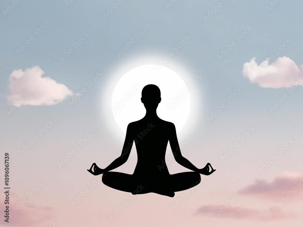 A person meditating in a serene, soft-hued sky backdrop. A person meditating in a serene, soft-hued sky backdrop.