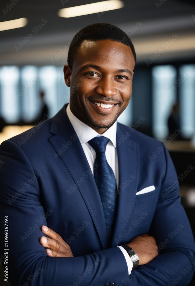 Professional portrait, confident businessman, navy blue suit, white shirt, blue tie, arms crossed, warm smile, dark skin, short hair, office setting, soft lighting, blurred background, corporate atmos Professional portrait, confident businessman, navy blue suit, white shirt, blue tie, arms crossed, warm smile, dark skin, short hair, office setting, soft lighting, blurred background, corporate atmos