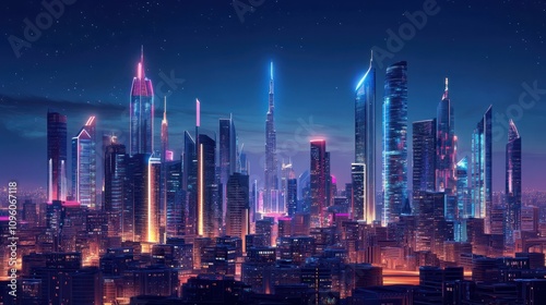 Night view of Riyadh cityscape with glowing skyscrapers, futuristic urban skyline, blue hour, modern Middle Eastern architecture