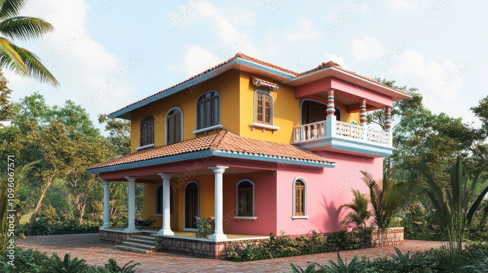 Colorful Indian House Elevation with Garden View Colorful Indian House Elevation with Garden View