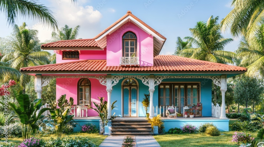 Colorful Indian House Elevation with Garden and Palm Trees Colorful Indian House Elevation with Garden and Palm Trees