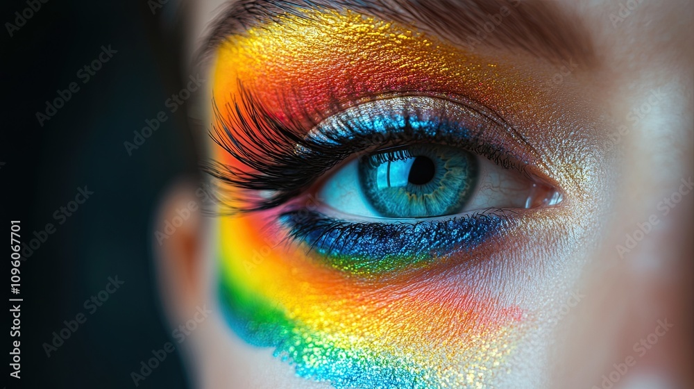 An isolated close-up of a vibrant rainbow woman's eye on a panoramic white background with web design, gay LGBTQ pride concept header, copy-space, and color vision An isolated close-up of a vibrant rainbow woman's eye on a panoramic white background with web design, gay LGBTQ pride concept header, copy-space, and color vision