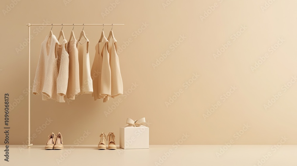 Shoes, clothes, and a parcel on a beige background are hanging on a rail. Shoes, clothes, and a parcel on a beige background are hanging on a rail.