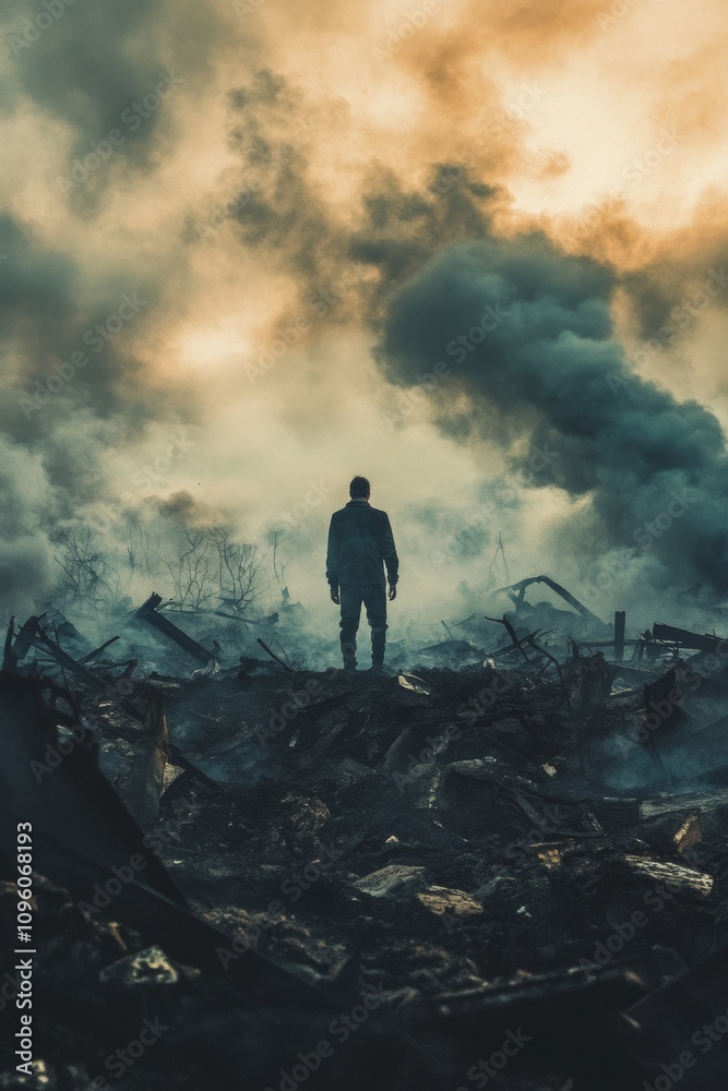 A figure surveys a devastated area filled with debris and thick smoke, creating a haunting atmosphere during the twilight hours. The destruction evokes a sense of loss A figure surveys a devastated area filled with debris and thick smoke, creating a haunting atmosphere during the twilight hours. The destruction evokes a sense of loss