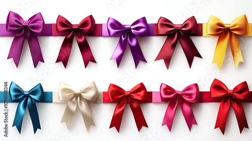 A collection of numerous vibrant satin present ribbons and bows, isolated on a clear backdrop, for a celebration of Valentine's Day, Christmas, or a birthday