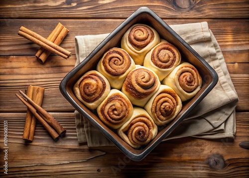 Aerial View of a Baking Dish Filled with Uncooked Cinnamon Rolls on a Rustic Wooden Background, Perfect for Food Photography and Culinary Inspiration photo