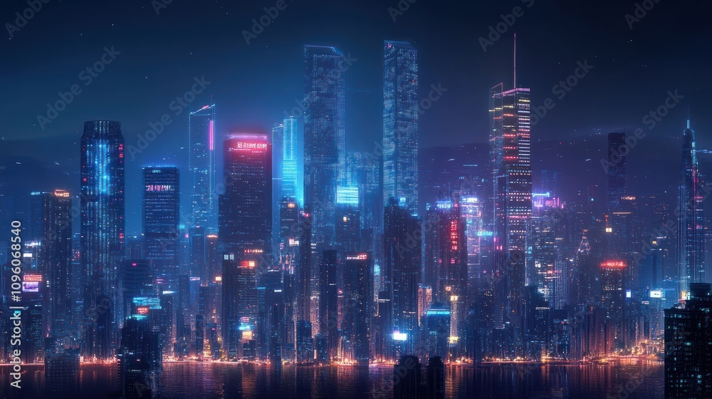 Naklejka premium Shenzhen skyline cityscape with skyscrapers in downtown panorama at night in Shenzhen, China, Shenzhen, China, skyline