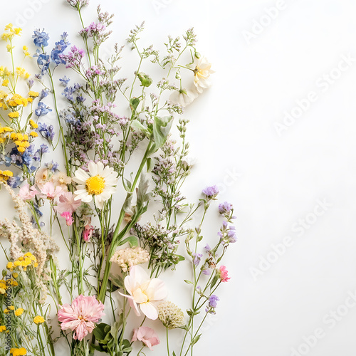 modern 2D doodle cartoon flower concept with open space for text, featuring whimsical floral and leafy elements on crisp white backgrounds.