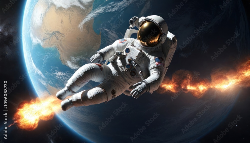 Fototapeta premium 3D illustration of astronaut falling to earth planet. 5K realistic science fiction art. Elements of image in space