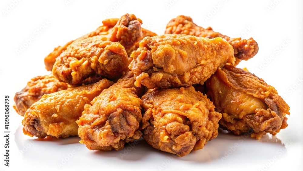 Crispy Deep Fried Chicken Wings and Thighs Isolated on White Background - Low Light Photography for Food Styling and Culinary Art Crispy Deep Fried Chicken Wings and Thighs Isolated on White Background - Low Light Photography for Food Styling and Culinary Art