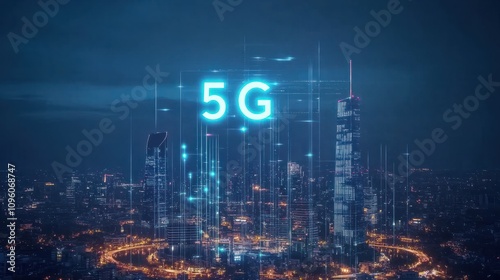 Smart city and communication network concept. 5G. IoT Internet of Things. Telecommunication, city skyline futuristic modern smart bouldings photo