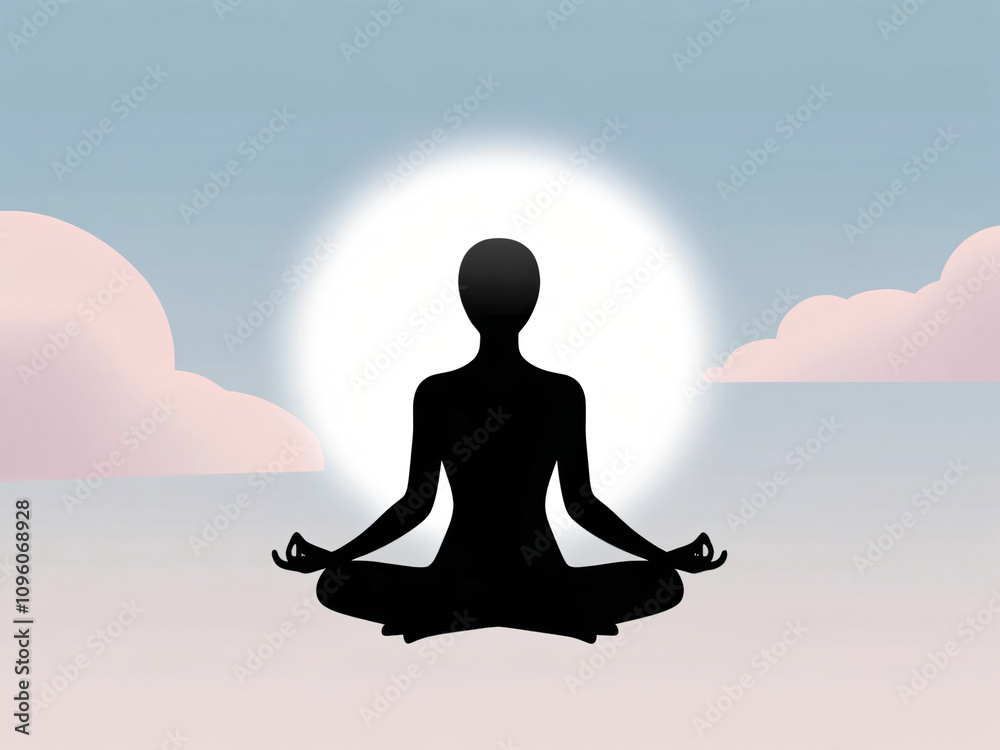 A person meditating in a serene, soft-hued sky backdrop. A person meditating in a serene, soft-hued sky backdrop.