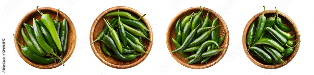 Fresh Green Chili Peppers in Wooden Bowl Fresh Green Chili Peppers in Wooden Bowl