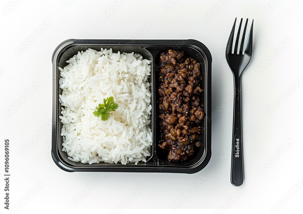 Simple Bento Box with Steamed Rice and Savory Ground Meat Simple Bento Box with Steamed Rice and Savory Ground Meat