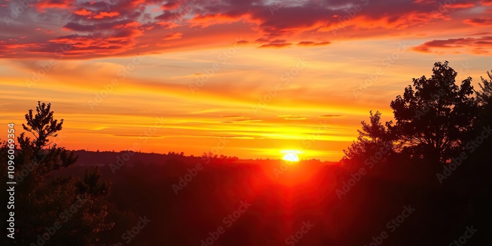 Obraz premium Vibrant colors of a sunset over a tranquil forest, forest scenery, dense foliage, peaceful atmosphere