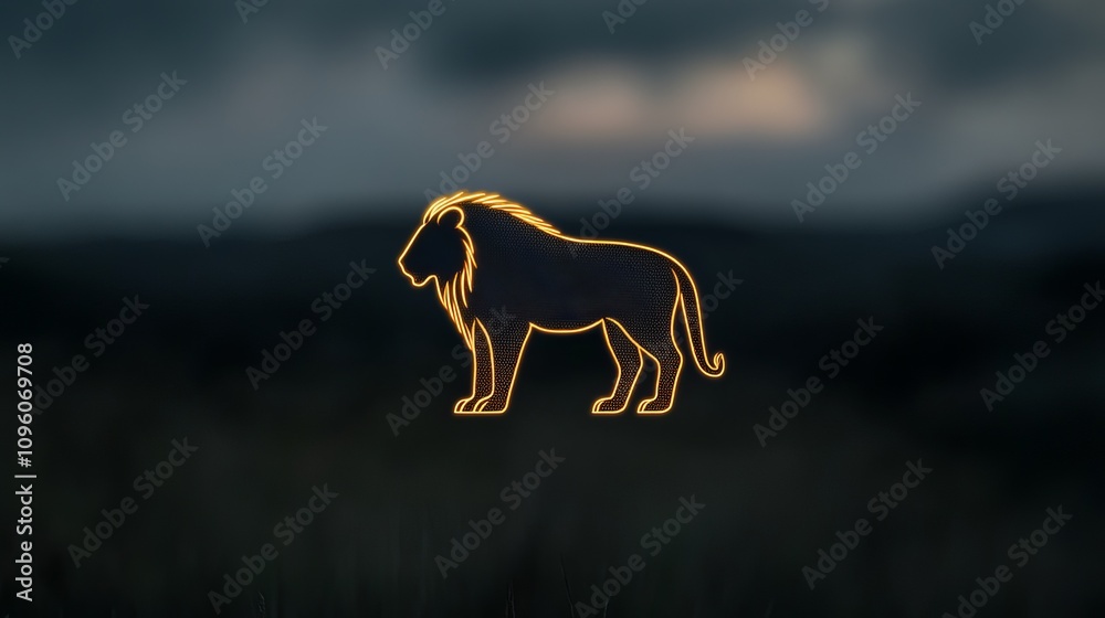 Fototapeta premium A golden outline of a lion stands out against a dark, blurred background.