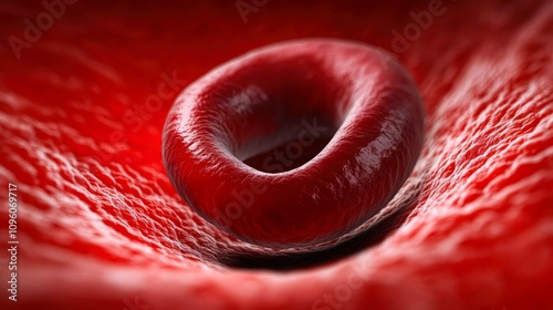 A detailed, close-up rendering of a red blood cell in a vivid red environment, ideal for medical illustrations, educational materials, or health-related content photo