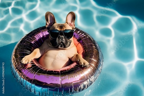 happy french bulldog sunglasses pool playful adorable illustration